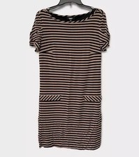 PREMISE Black Tan Stripe Shirt Dress Short Sleeve Jersey Knit Boatneck Pockets L