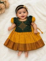 Baby Girls 3-6 Months Mustard Green Aari Work Traditional Indian Pattu Dress