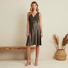 Evening Glam Maxi Dress Brown Satin Sheath V-Neck Sleeveless Lined Party US 6