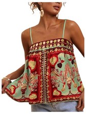 WDIRAR Women's Tropical Floral Print Cami Top Spaghetti Strap Small, Green