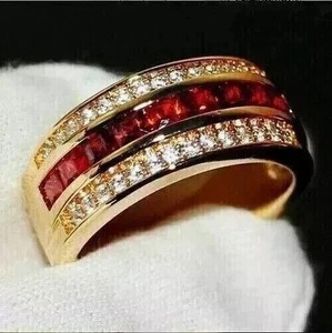 Authentic 14k Yellow Gold Plated 2Ct Princess Cut Lab Created Red Garnet Wedding Band Ring