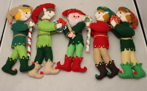Huge Vtg Elves Felt Handmade Christmas Ornaments Lot 5 Elf MCM Completed 12 in