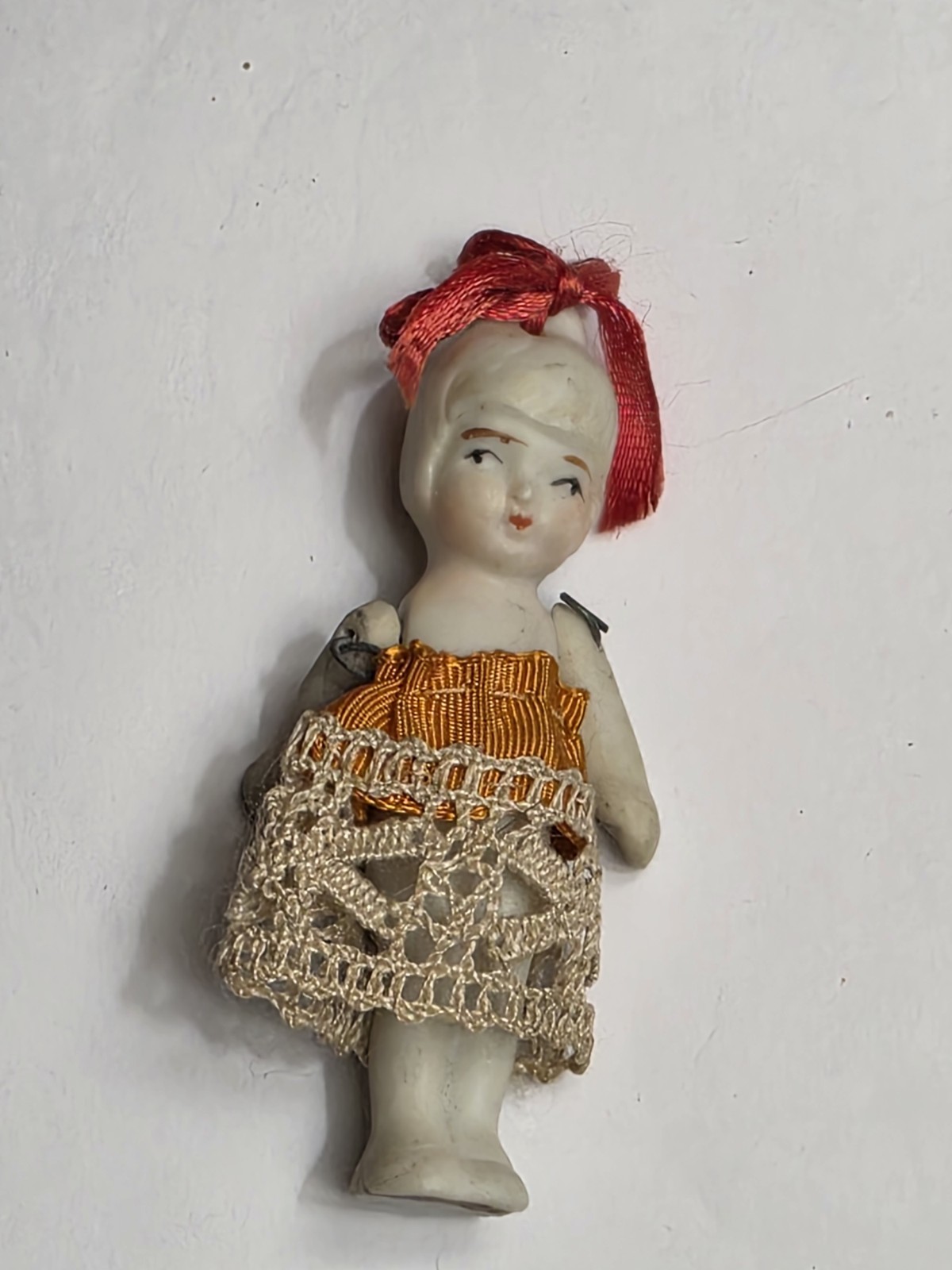 Vintage Girl W/ Bow Bisque Dollhouse Girl  Doll Jointed Arms Japan