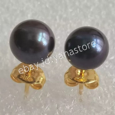Perfekt Echter Natürlich Rund Schwarz Südsee Perle Ohrstecker 14K Gelbgold