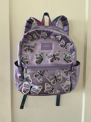 State Kane Kids Double Pocket Backpack Ltd Edition 3D Butterfly Purple Metallic