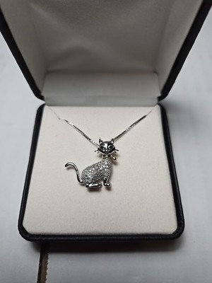 Katze Halskette 14k Sterlingsilber BWD 0,12 Katzen Katze Anhänger an 18'' Kette Neu mit Etikett