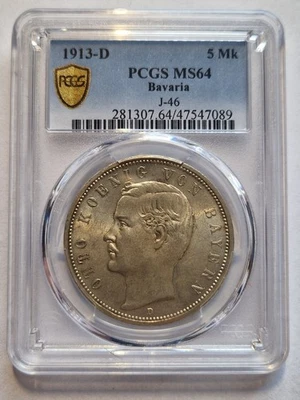 Kaiserreich Bayern 5 Mark 1913 PCGS MS64 Traumhafte Erhaltung - Bild 1 von 2