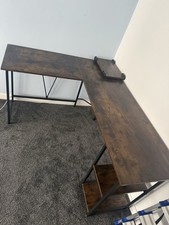 Industrial L-Shaped Corner Desk, Dark Wood/Black Metal, 2 Shelves 140cm