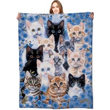 Cat Blanket Cute Playful Kittens Throw Blankets with Blue Flower,Gifts for Ad...
