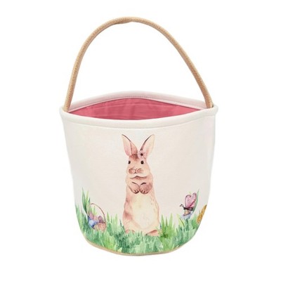 Easter Basket with Rabbit Design, Large 9x9 Inch Burlap and Cotton Fabric, Pi...