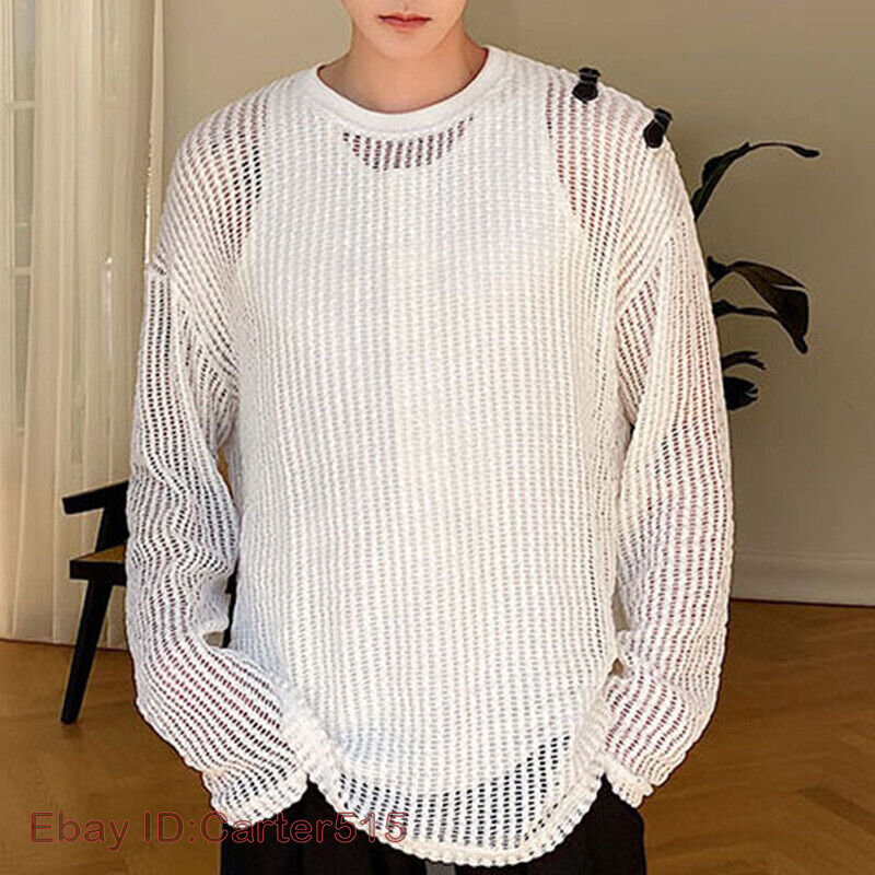 Mens Net Mesh Loose T-Shirt Tops Shirt Drop Shoulder Tee Blouse