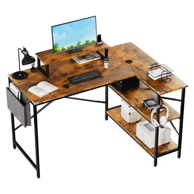 HOMION L-Shaped Computer Desk Study Writing With Fabric Pocket Hook Home Storage Shelf