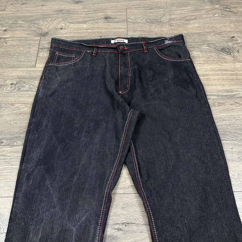 Vintage Chams Jeans Adult 38x32 Black Denim Pocket Embroidery y2k Rave Baggy - Image 3 of 4