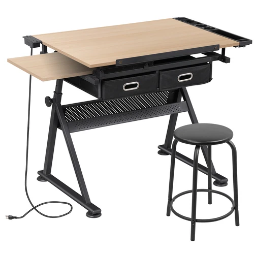 Adjustable Drafting Table and Stool Set with Outlet and Storage Drawers 3 Colors - Picture 9 of 26