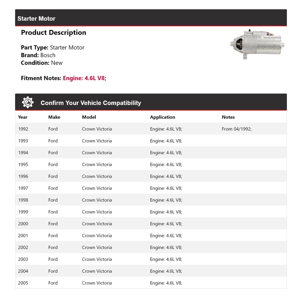 Para Ford Crown Victoria 1992-2005 4,6 L V8 Bosch Arranque (Nuevo) 1993 1994 1995 Foto 2 de 4