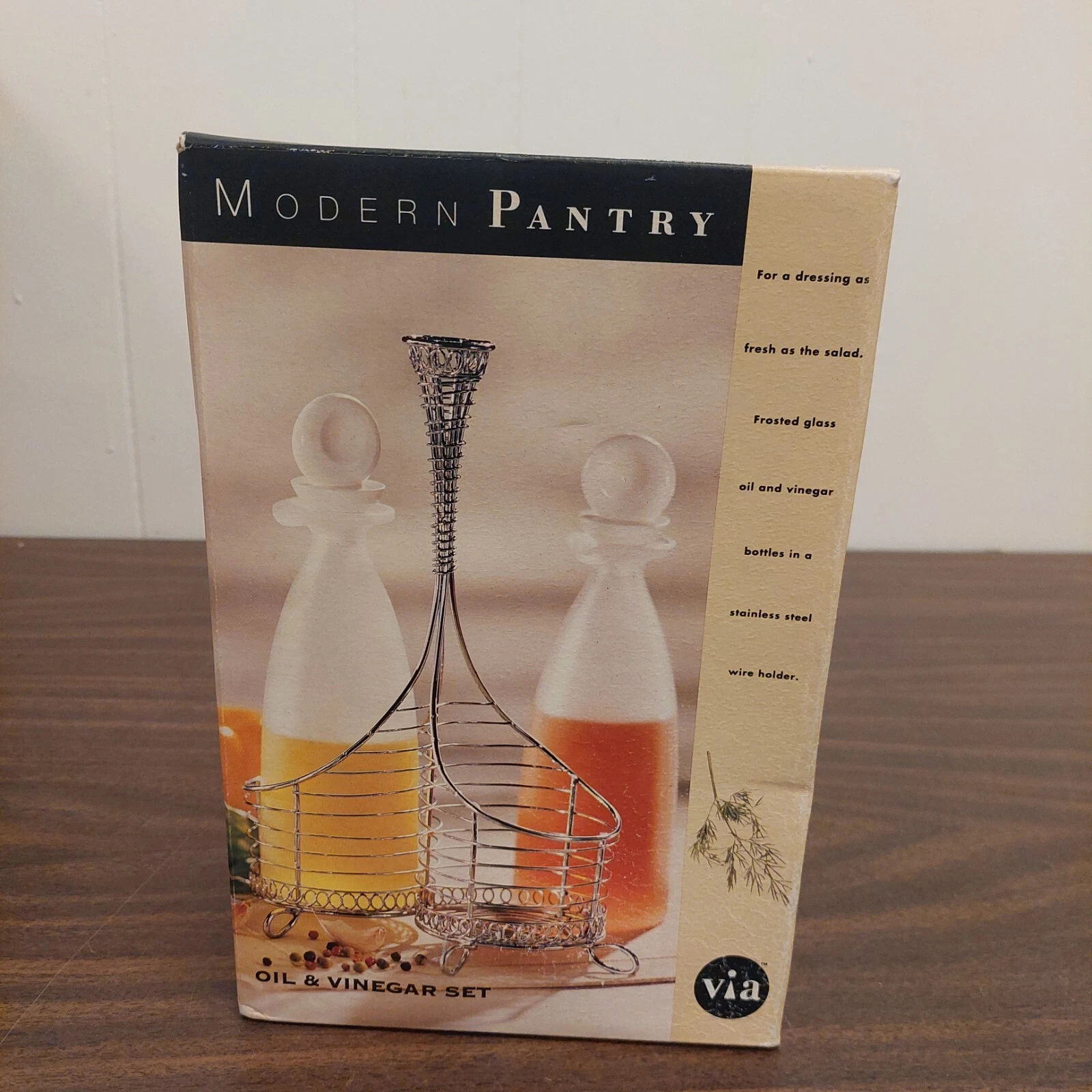 Via Vintage Mid Century Modern Pantry OIL & VINEGAR Bottle Set Metal Holder