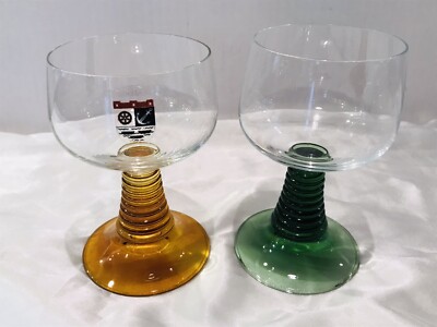 PAIR(2) HTF SCHOTT ZWEISEL GERMANY GREEN/AMBER RINGED STEMS CLEAR CORDIALS ~ 3 