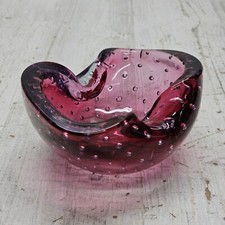 Murano Bullicante Controlled Bubble Art Glass Ashtray Cranberry and Amethyst MCM