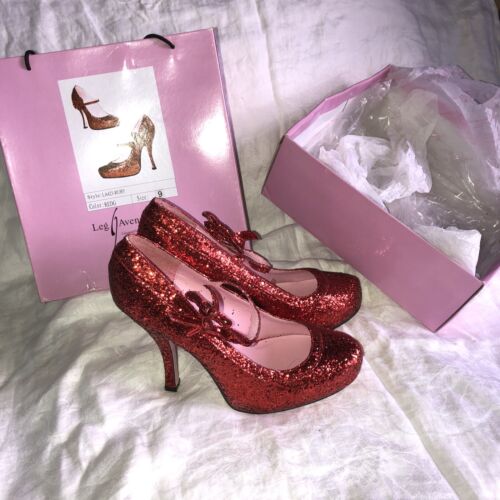 Leg Avenue Shoes Ruby Red Glitter Dorothy Stiletto Box 9 Glittered Mary Jane - Afbeelding 1 van 11