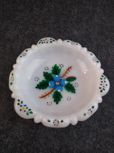 Vintage White Milk Glass Trinket Bowl Dish Hand Painted Flower Anchor Hocking