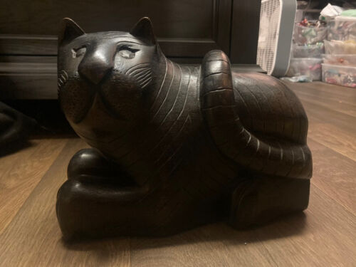 Vintage Hand Carved Wood Cat with Secret Compartment Dark Wood