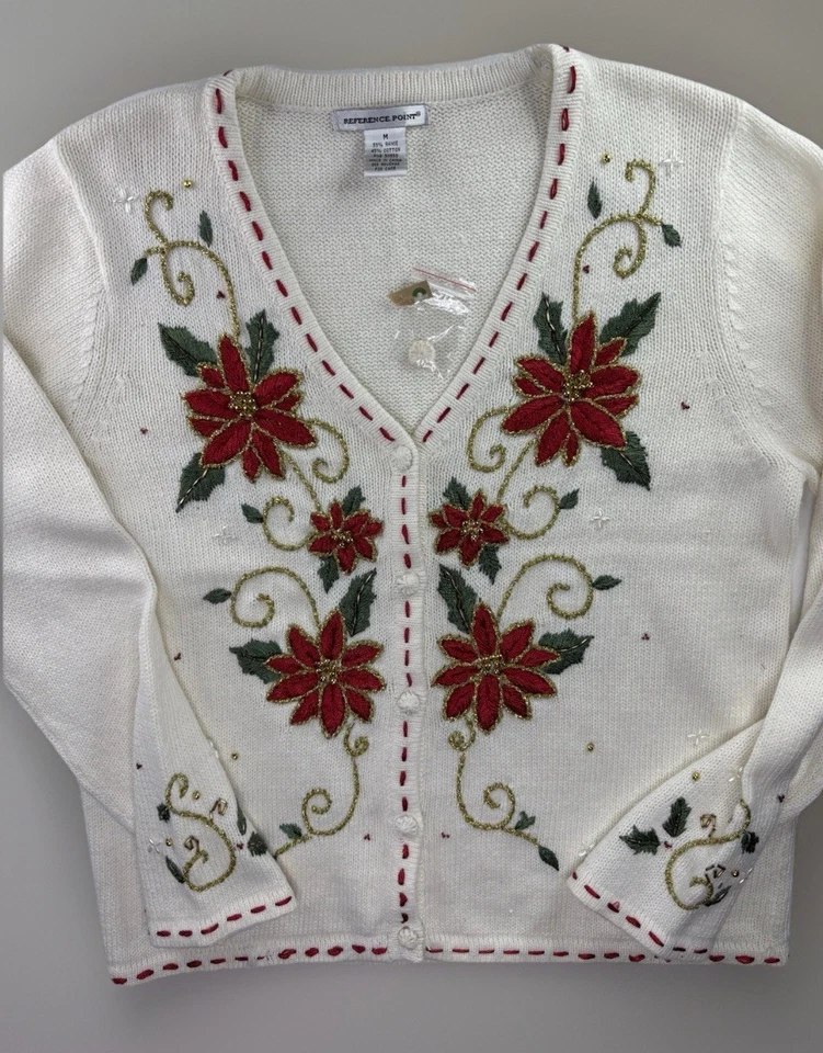 Винтажный рождественский кардиган 90-х Poinsettia свитер ориентир M праздничный - Изображение 2 из 4