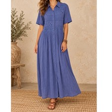 Karin Stevens Vintage Blue Embroidered Maxi Dress Boho Cottagecore Rayon 10M g5