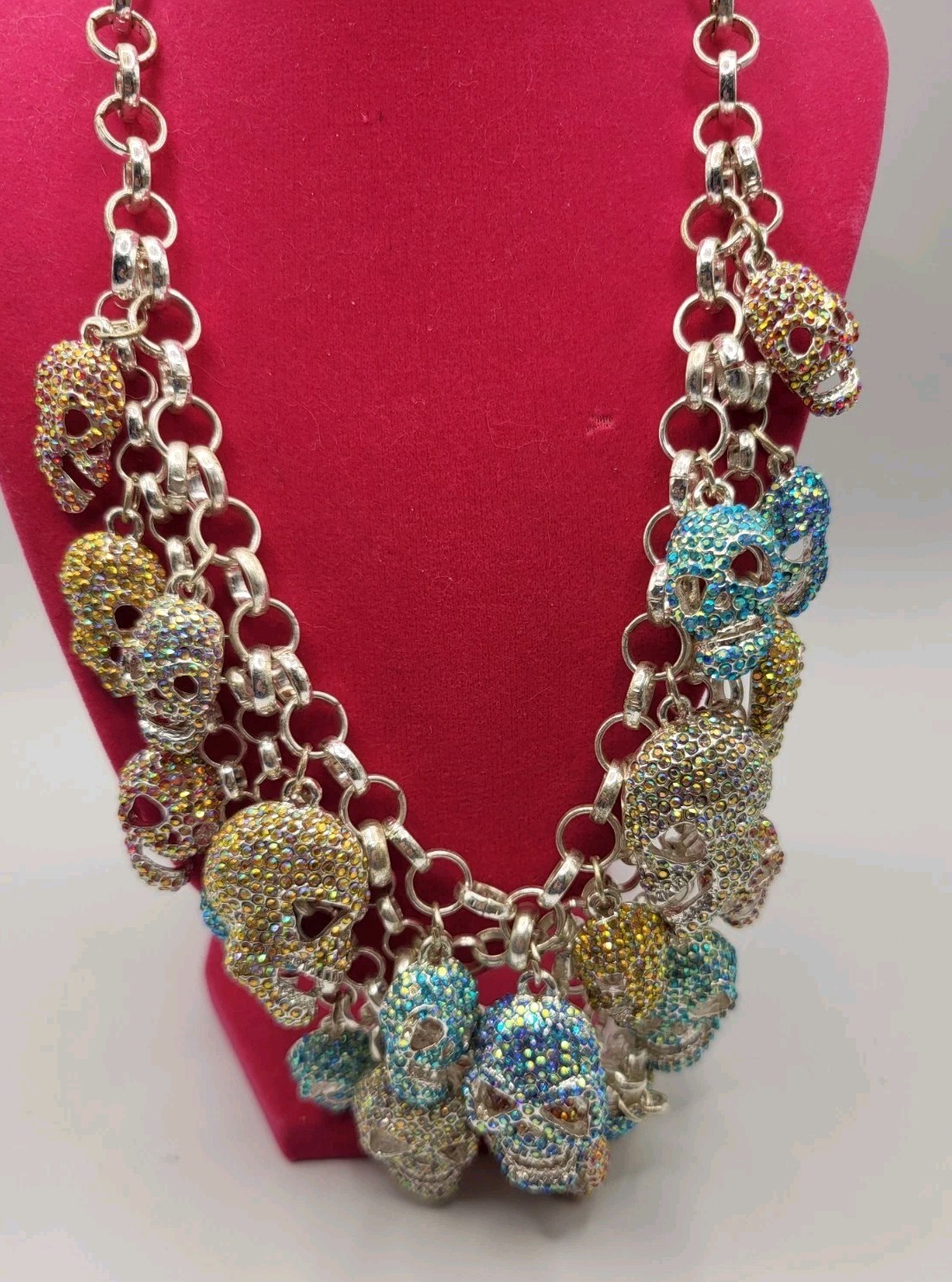 Multicolored Crystal Multi Skull Dangling Charm N… - image 3