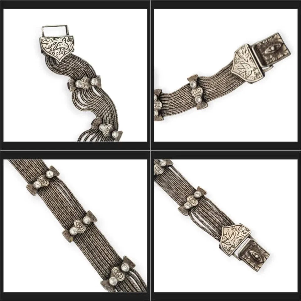 Antico bracciale turco in argento 925 stile bizantino con zirconcini e uccell... - Immagine 3 di 4