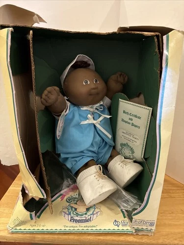Vintage 1983 Cabbage Patch Kids PREEMIES Bald Boy Doll w/ Damaged BOX Brown Eyes