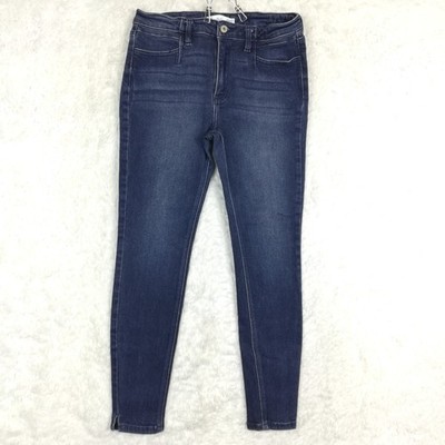 Kancan Womens Jeans Skinny Blue Denim Mid Rise Dark Wash Whiskering Pleated 28