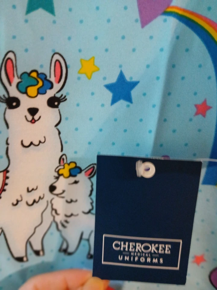 Scrub Top Size XSmall Fun Lama Mama Blue V-Neck/2Pocket "CHEROKEE" Women's/NEW - Image 4 of 4