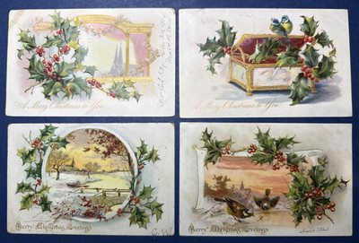 Christmas 4 Antique Postcards. PUBL: Tuck. Series 100. Scenes. Birds. UND Backs