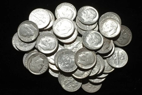 Lot of 50 Roosevelt Dimes 1946-64   (12 AU-BU)  90% Silver