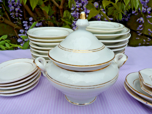 Antique Miniature Dinner Set Service Childs Gilt Trim Porcelain 33 pieces - Picture 4 of 24