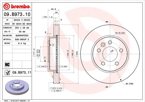 2X Brembo 09.B973.11 Bremsscheibe FüR VW-image