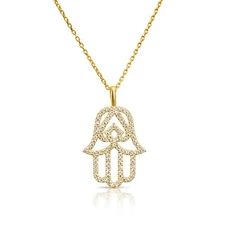 14K Real Solid Yellow Gold Pave Hamsa Hand of Fatima CZ Pendant Necklace 18 in
