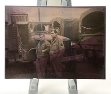 WW2 Photo U.S. GIs Leaning Against Military Vehicles