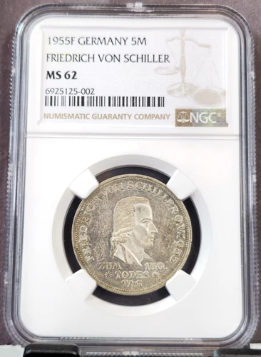 1955 GERMANY SILVER 5 MARK FRIEDRICH VON SCHILLER NGC MS 62 RARE MINT STATE