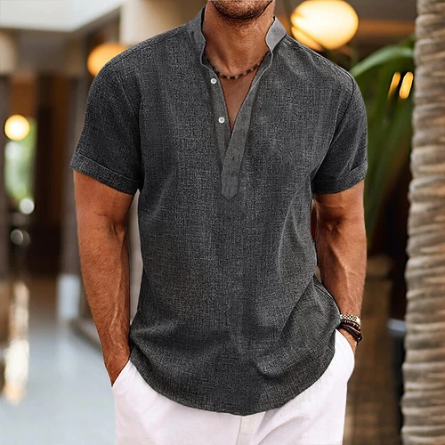 Mens Linen Shirts Summer Short Sleeve Tops V Neck Loose Casual Button Blouse ## - Picture 18 of 55