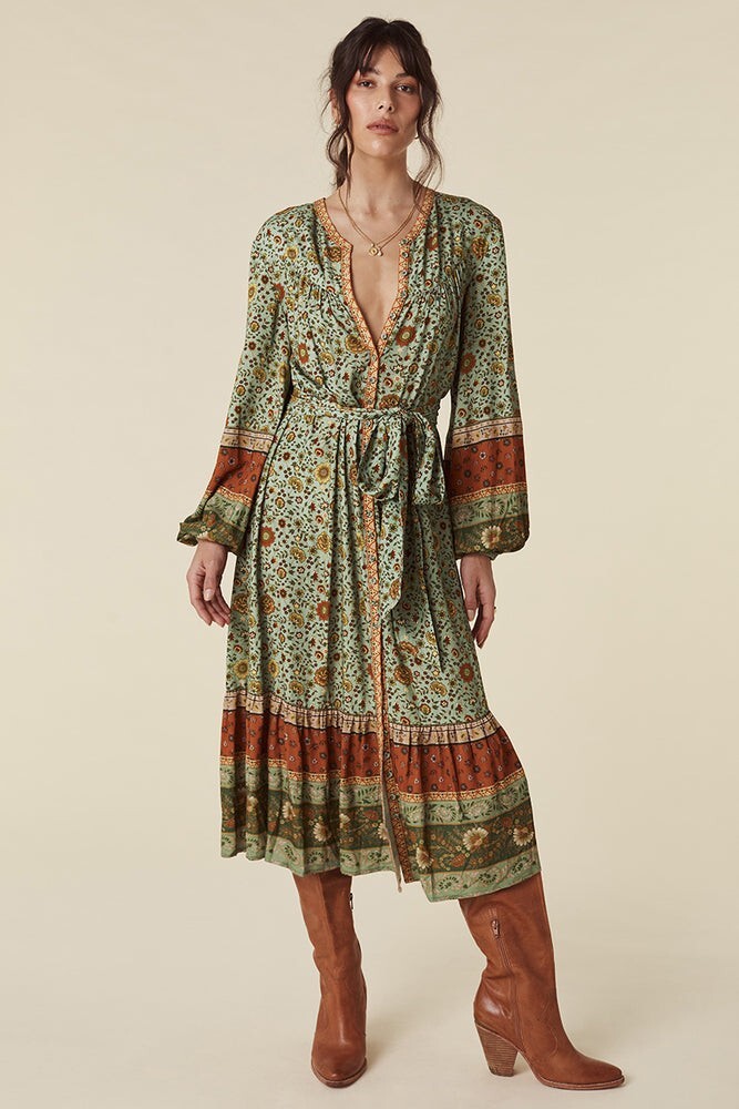 SPELL AND THE GYPSY Lady Untamed Button Down Midi Dress Matcha XXS NWT