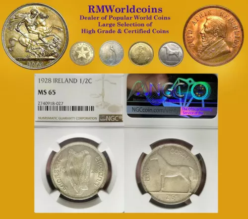Ireland 1928 Half Crown, NGC 65, Superb Gem BU, Original, Rare High Grade