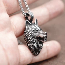 MENDEL Mens Stainless Steel Viking Fenrir Wolf Head Pendant Necklace Men Silver