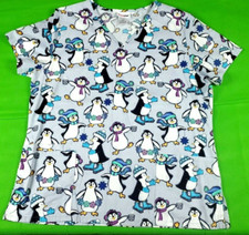 Scrubstar gray winter penguins print women's 3 pocket scrub top size L