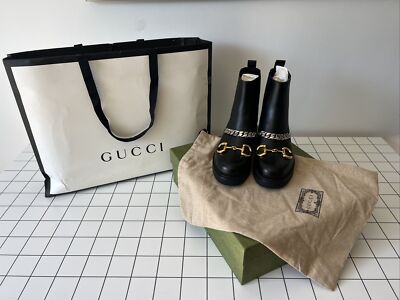Gucci Chelsea Black Leather Boots Size 40 US 10 Double Chain Horsebit $1440