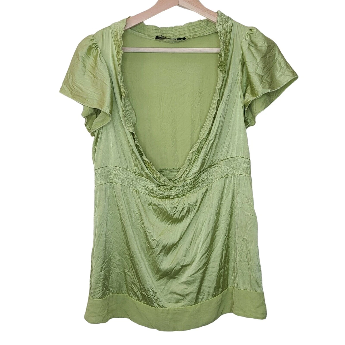 BcbgMaxazria Blouse Top Womens XS Lime Green Silk Blend Flutter