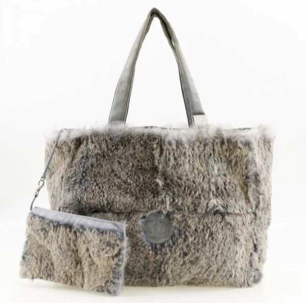 CHANEL Lapin Rabbit Fur Tote Bag Coco Mark Gray Suede with Mini 