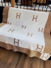 Hermes Wool Sofa Blanket Throw "H" Logo Camel Cream 50x65"