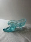 Vintage Fenton Blue Opalescent Hobnail Glass Shoe Slipper With Cat