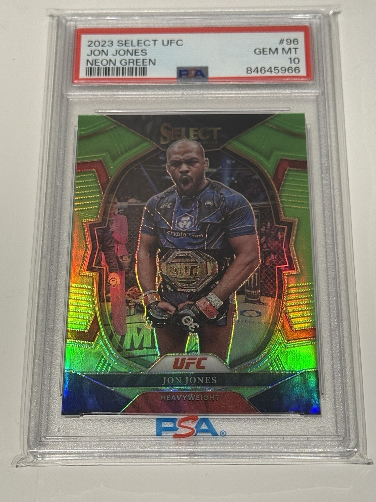 2023 Panini Select UFC Concourse Jon Jones #96 Neon Green Prizm /75 Psa 10 view 2